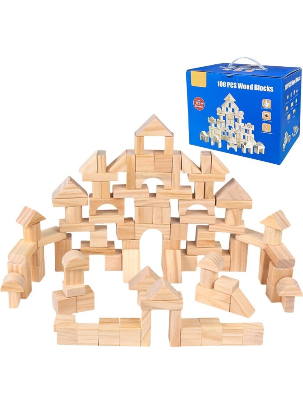 100 Pcs Natural Wood Building Blocks for Kids - Stacking Toys, Learning
